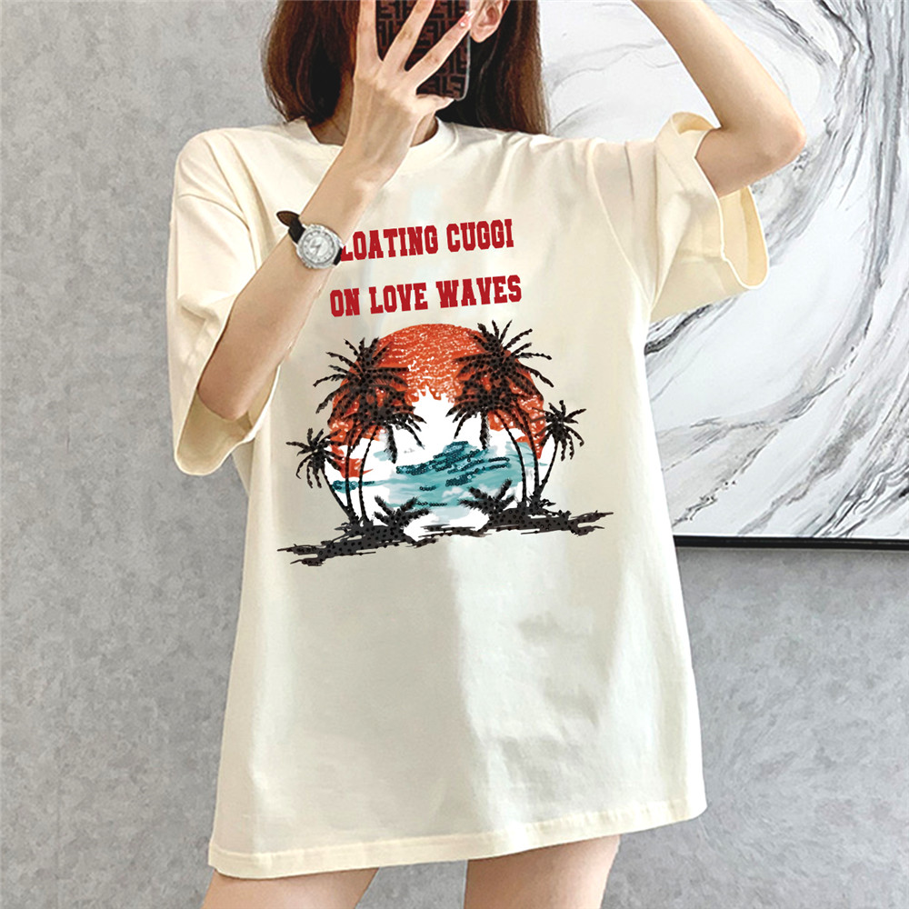 Sunset Coconut Forest beige Unisex Mens/Womens Short Sleeve T-shirts Fashion Printed Japanese luxury Tops