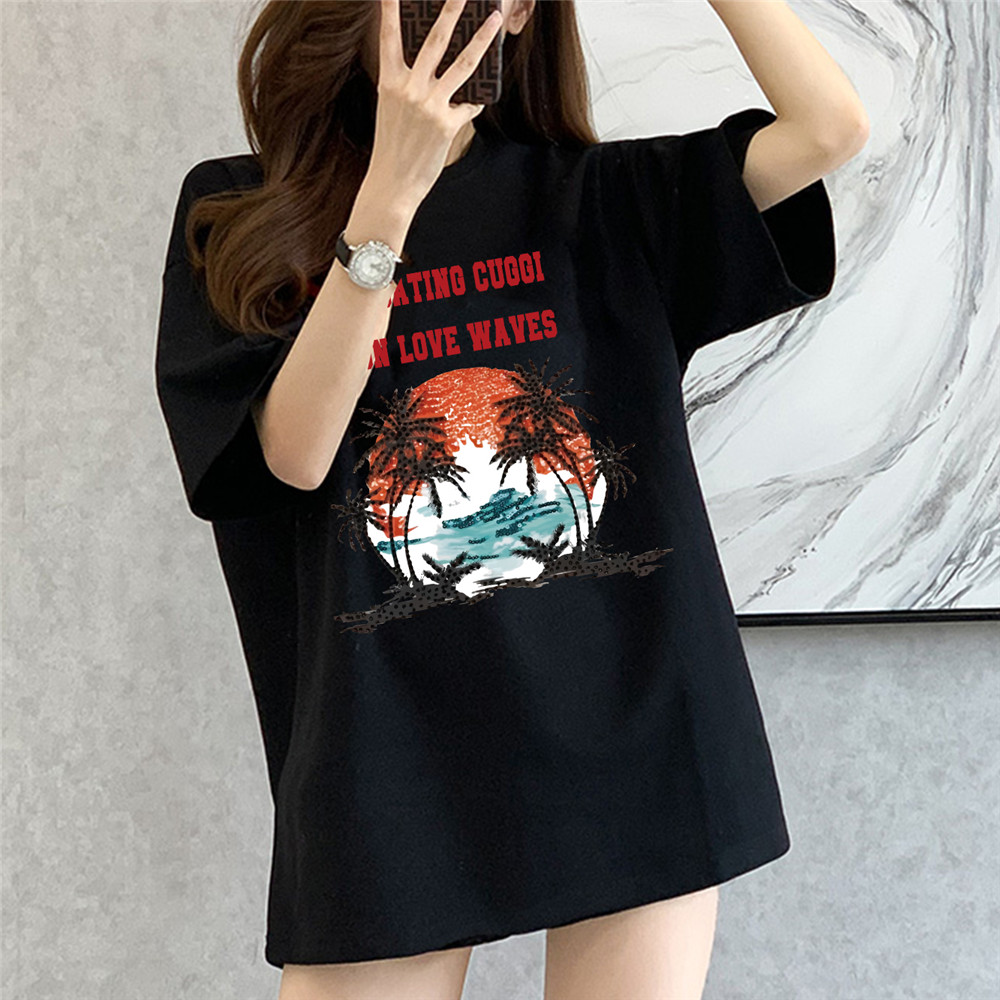 Sunset Coconut Forest black Unisex Mens/Womens Short Sleeve T-shirts Fashion Printed Japanese luxury Tops