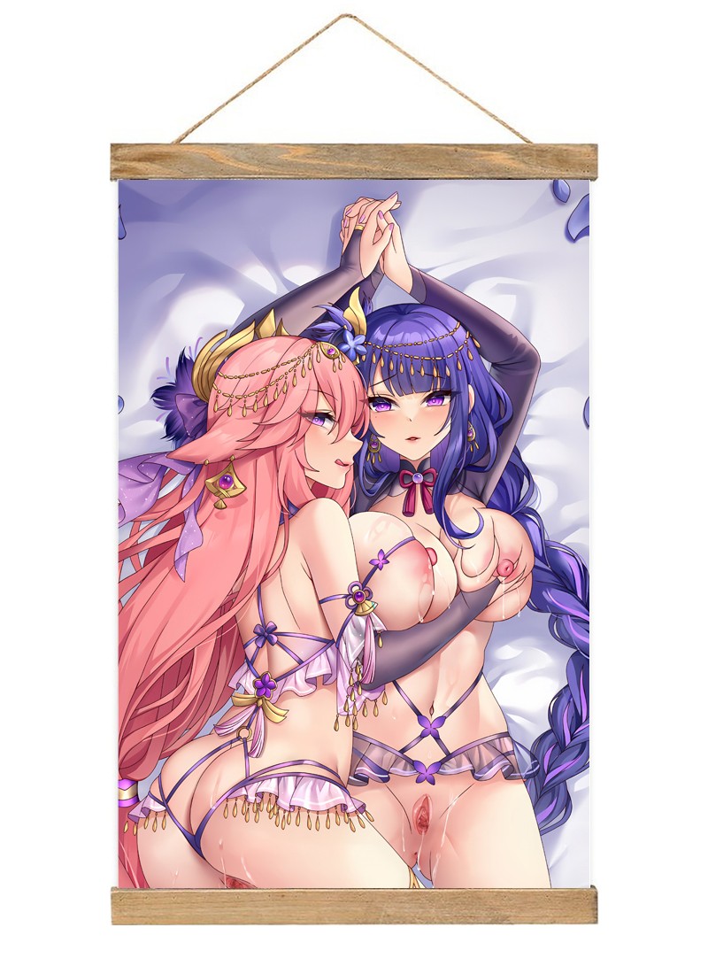 Genshin Impact Yae Miko & Raiden Shogun Baal Scroll Painting Wall Picture Anime Wall Scroll Hanging Home Decor